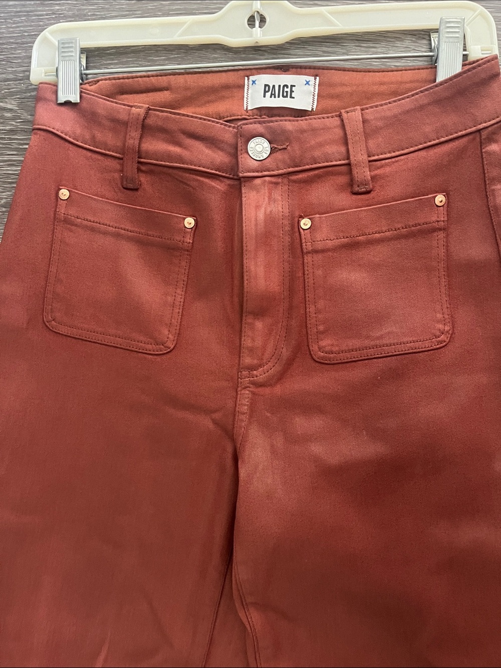 PAIGE sz 27 Rust-Red Wide Leg Jeans THICK leathery fabric.